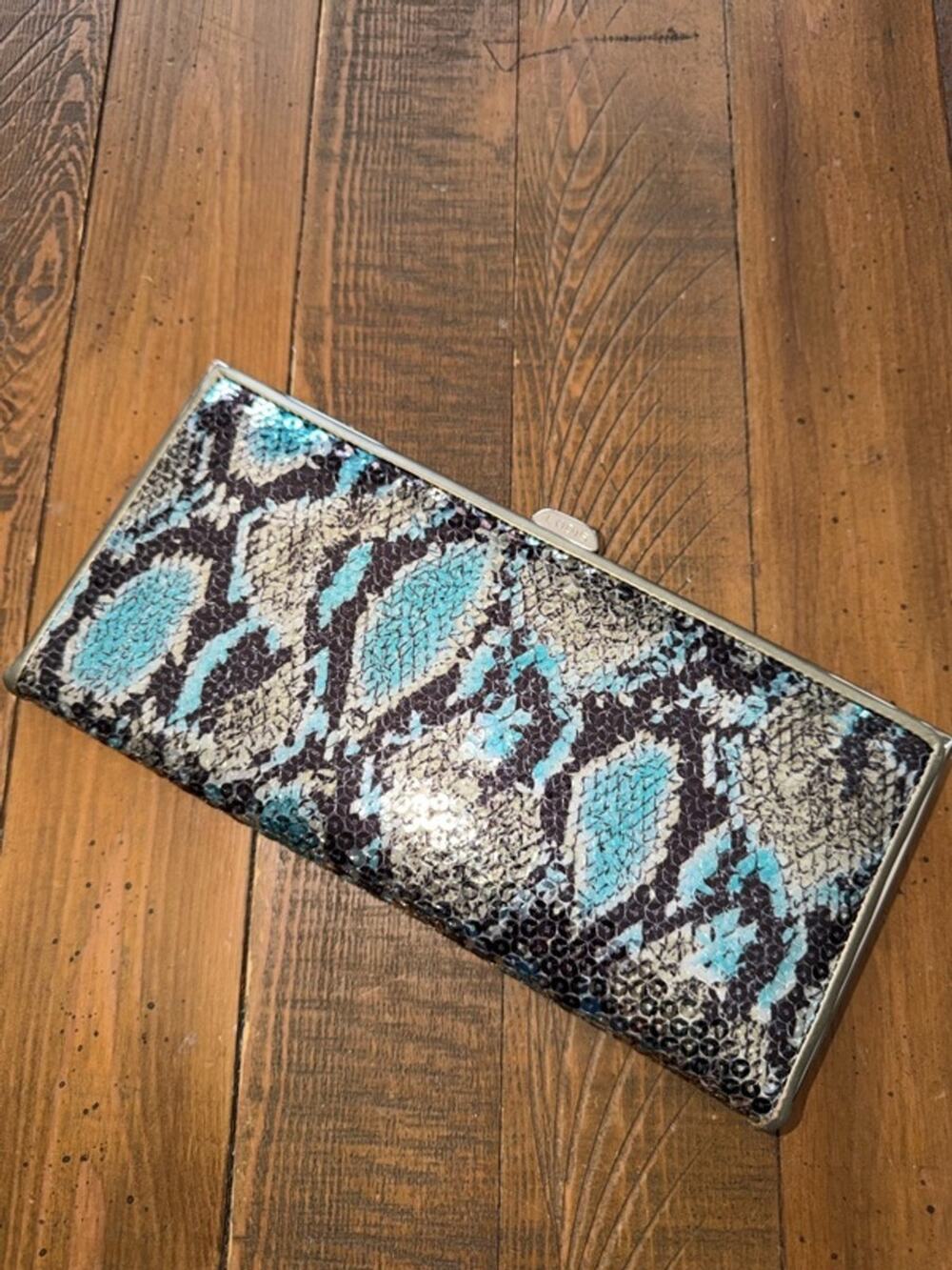 Lodis Snakeskin Sequin Look Clutch Bag Blue Black Silver 10x4.5"